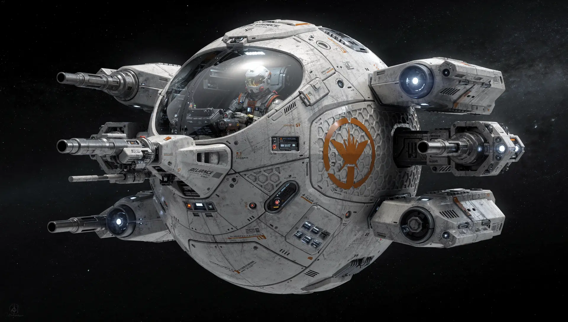 Chasseur spatial sphérique monoplace avec cockpit de pilote visible