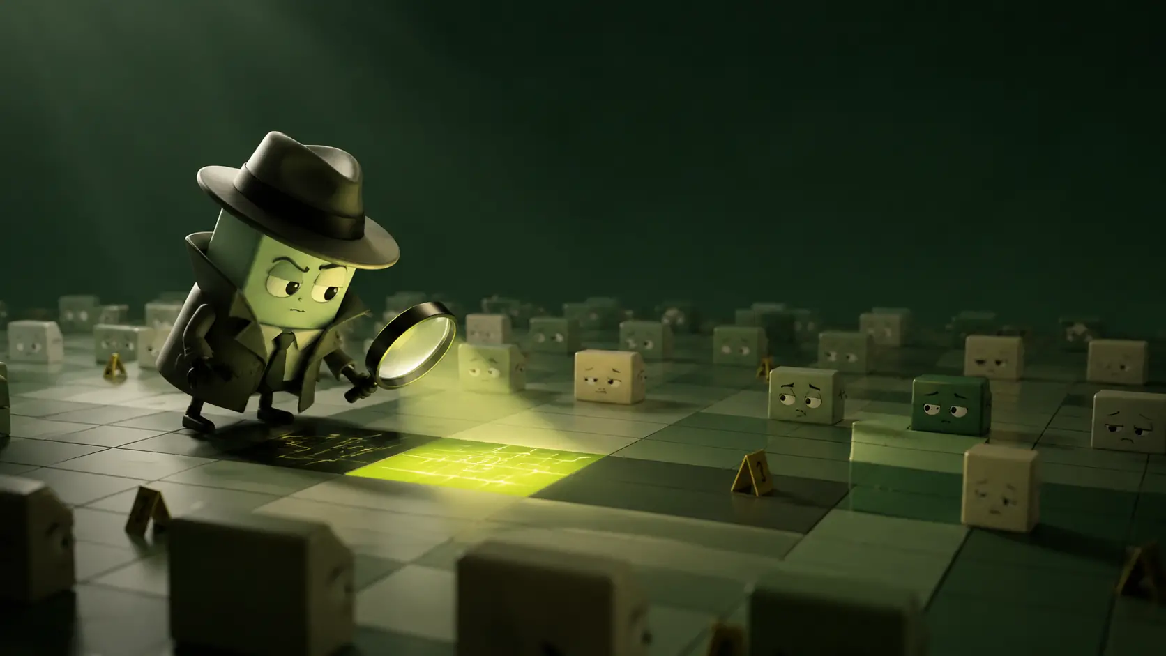 Pequeño detective de hojas de cálculo iluminando una celda sospechosa