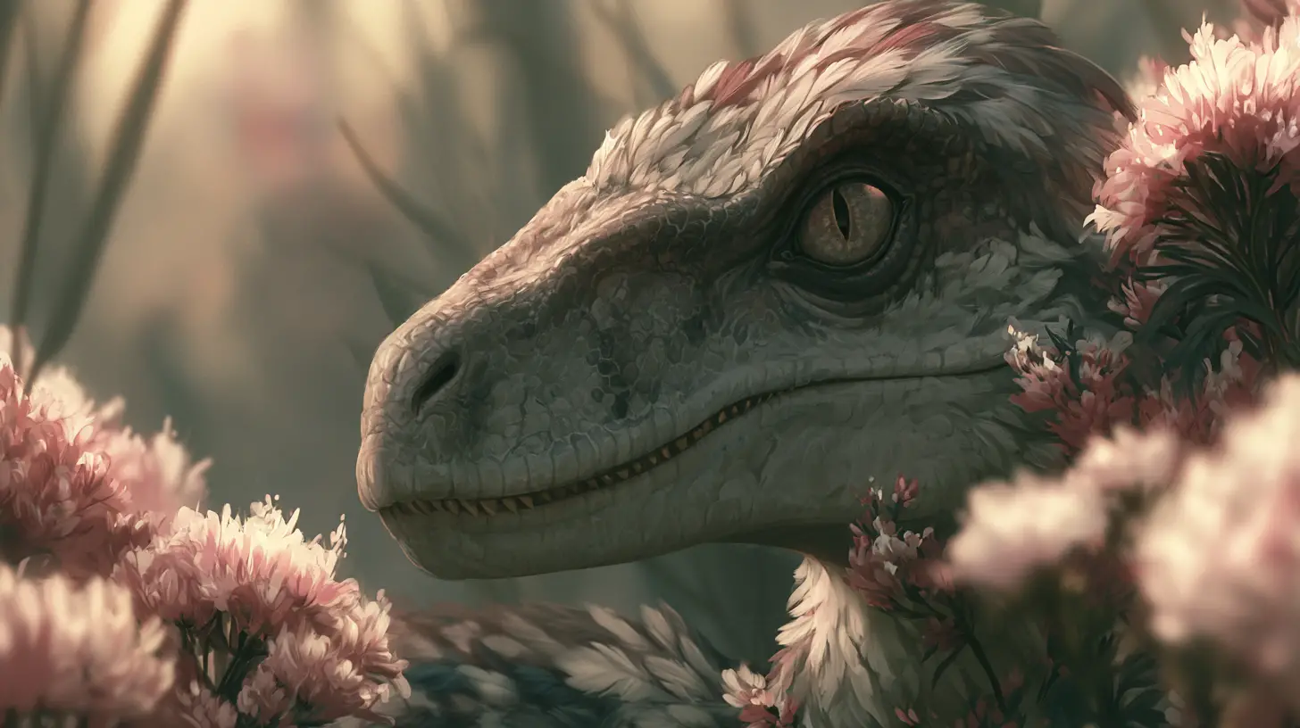 Feathered velociraptor camouflaged among jungle flowers at twilight