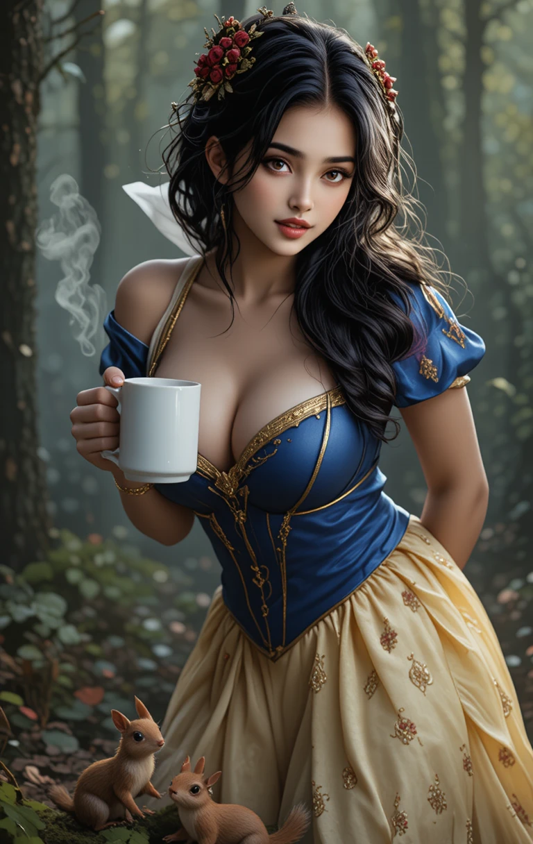魔法の森で身をかがめる豊満なファンタジー女性