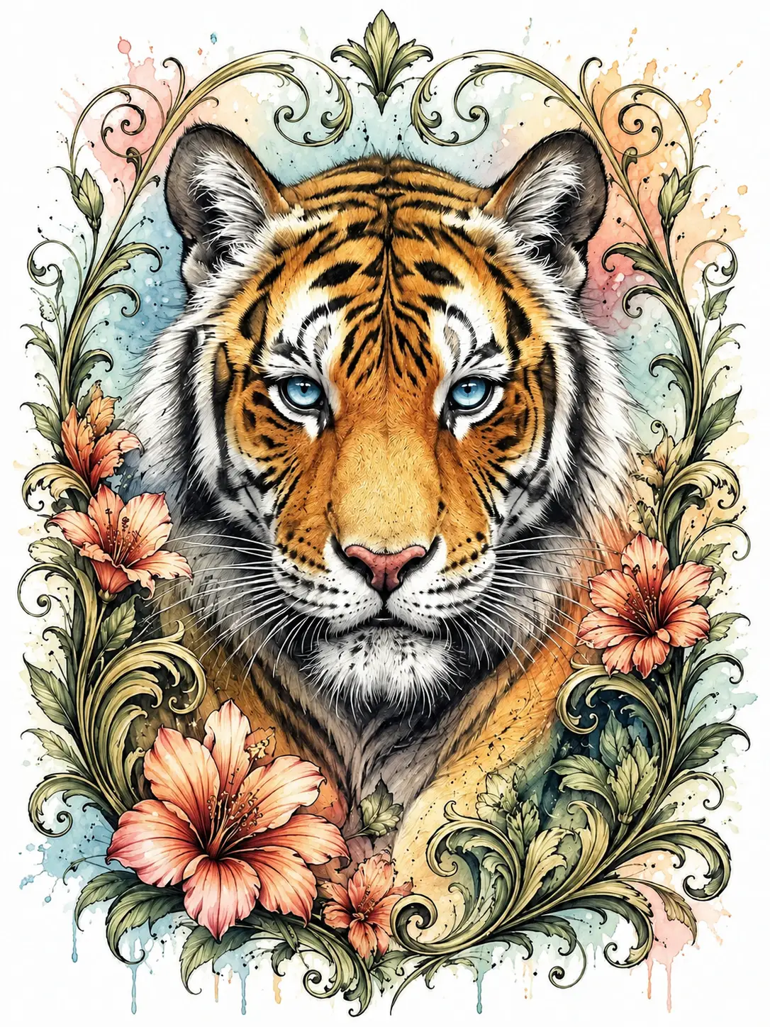 Dibujo a tinta realzado con suaves acuarelas fluidas