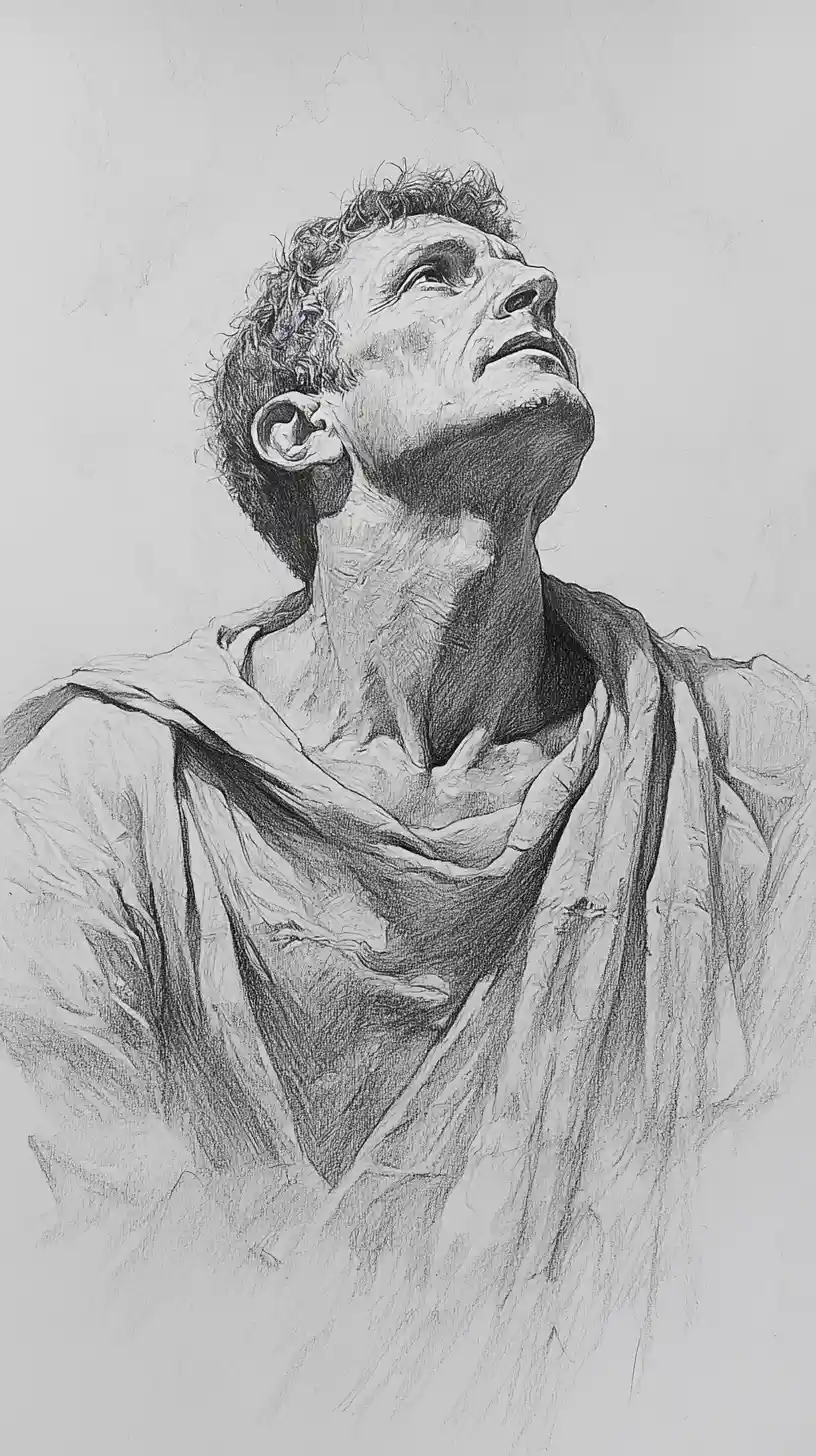 Somber pencil portrait of a noble man in classical robe