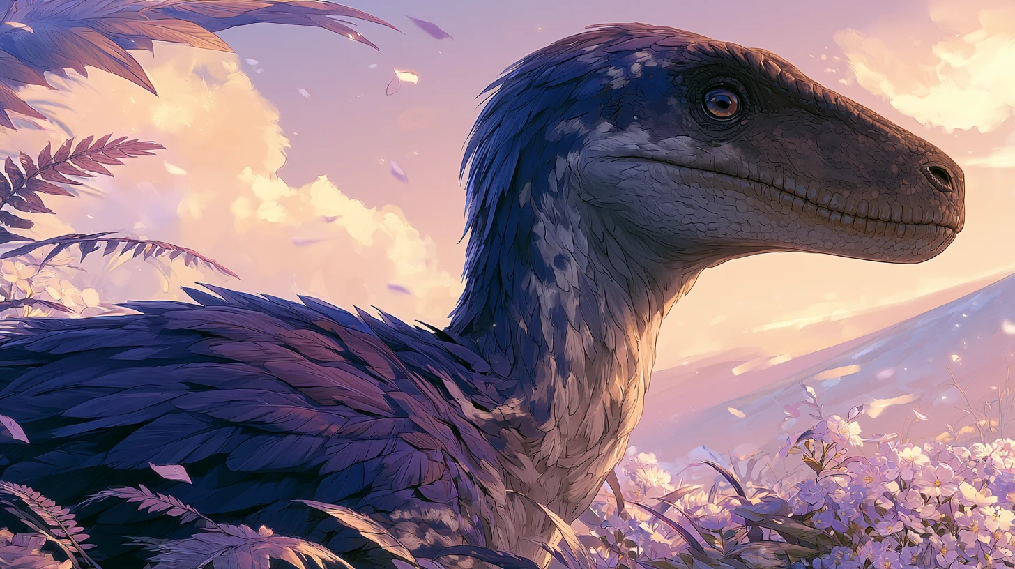 Feathered anime velociraptor portrait with soft gentle lighting