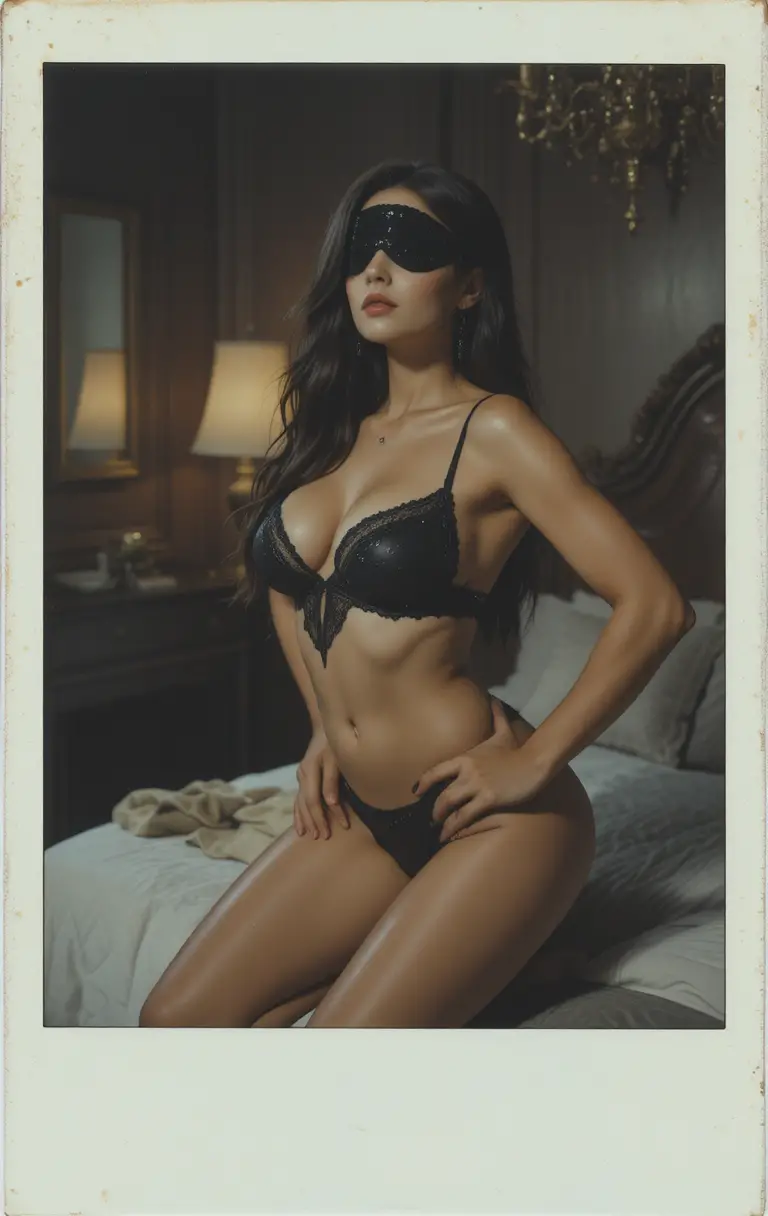 Sensual brunette woman kneeling on a bed in lingerie