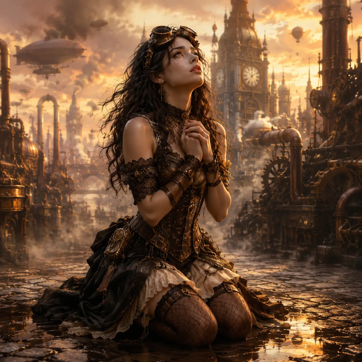 Devoted woman kneeling in a vast steampunk cityscape