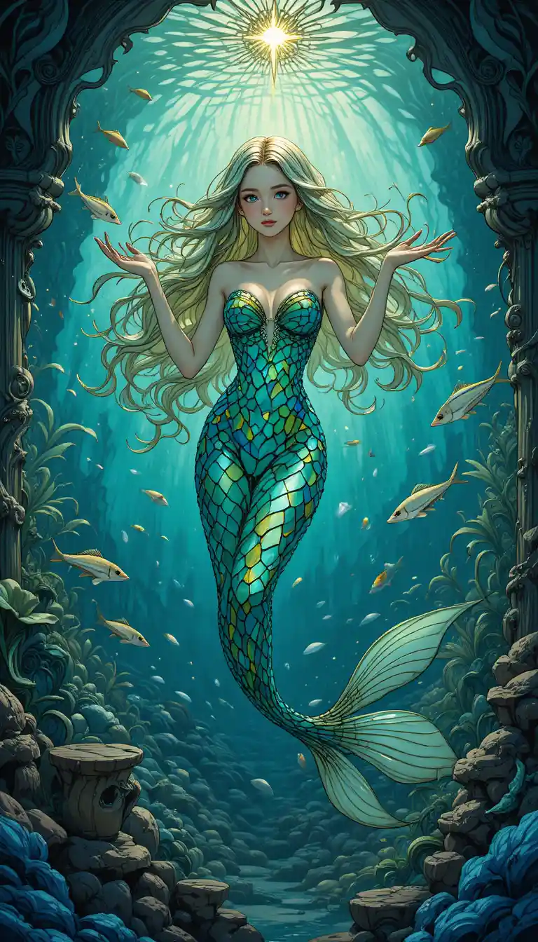 Sirena mística en una gruta submarina art nouveau