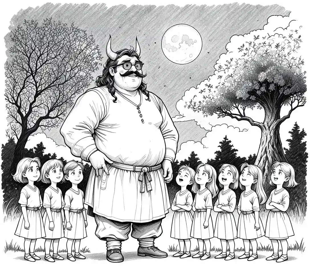 Uomo alto con bambini sotto un albero magico al chiaro di luna