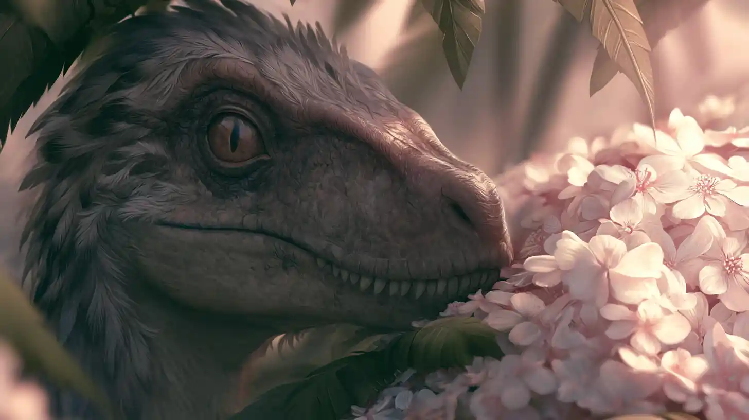 Velociraptor piumato mimetizzato tra i fiori della giungla