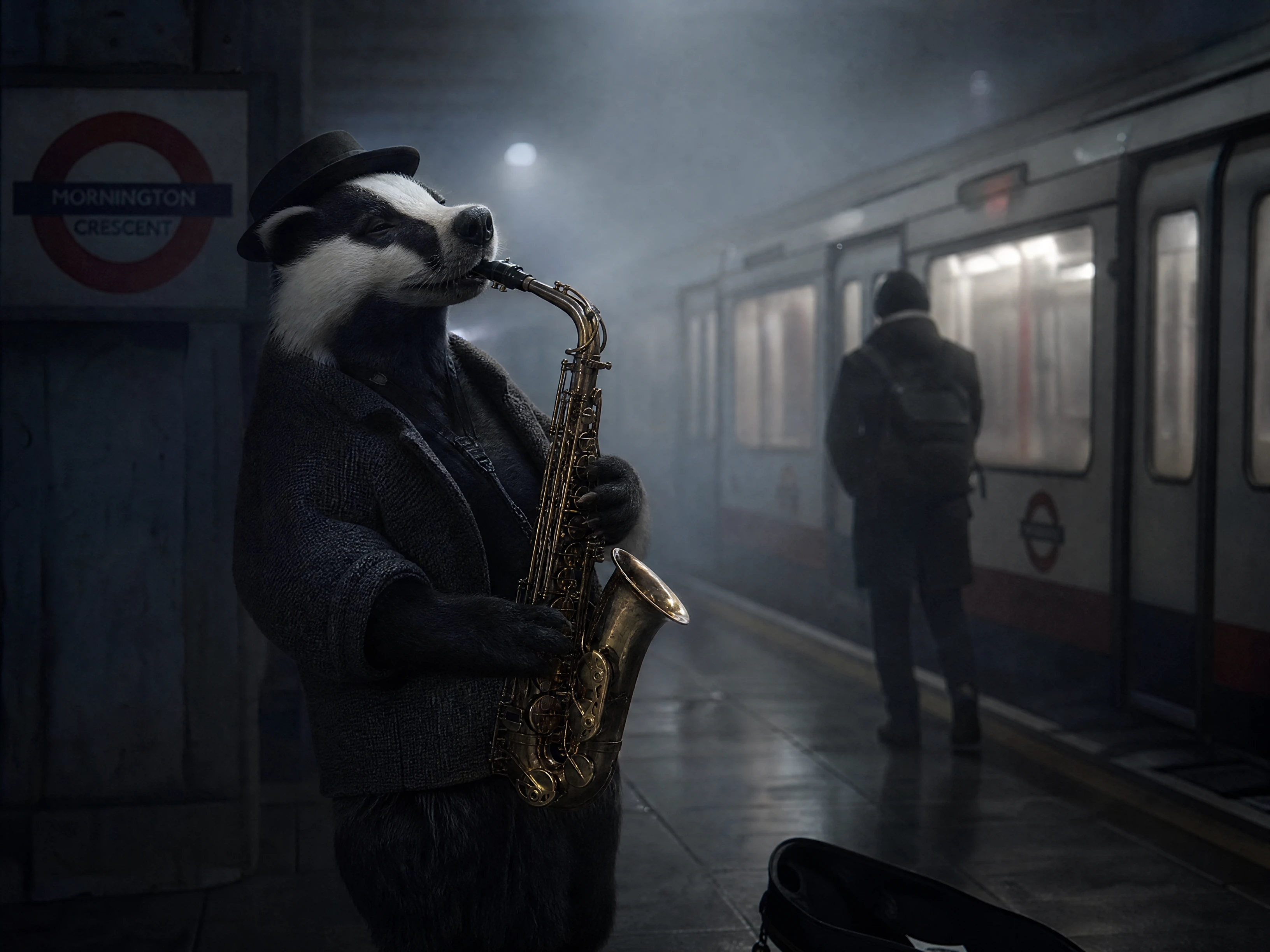 Badger street musician playing saxophone in foggy subway dawn