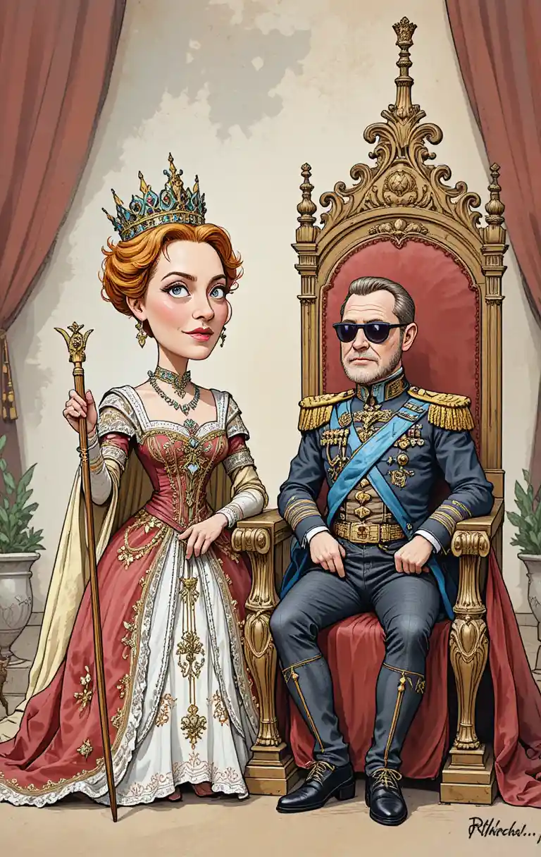 Rainha em desenho humorístico dando bronca em pequeno rei no trono