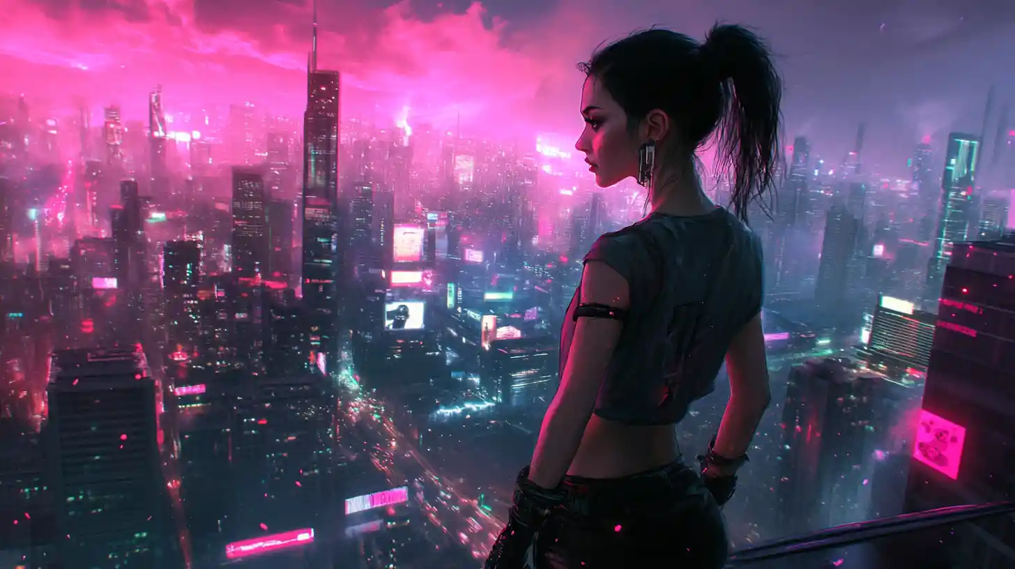 Beautiful girl in a glowing cyberpunk city at night