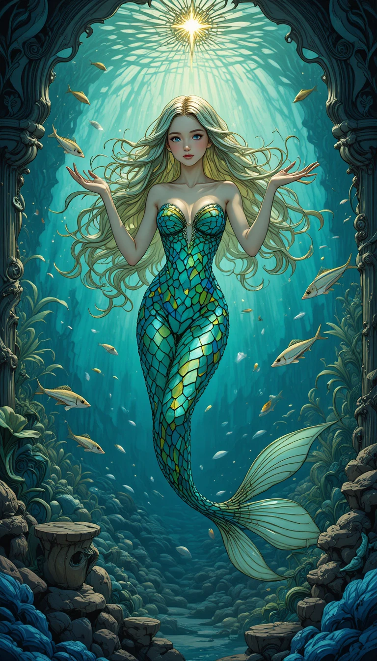Sirena mística en una gruta submarina art nouveau