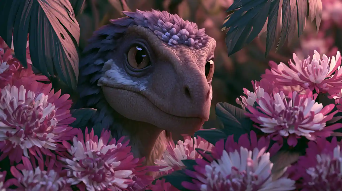 Gefiederter Velociraptor, in Dschungelblumen bei Dämmerung getarnt