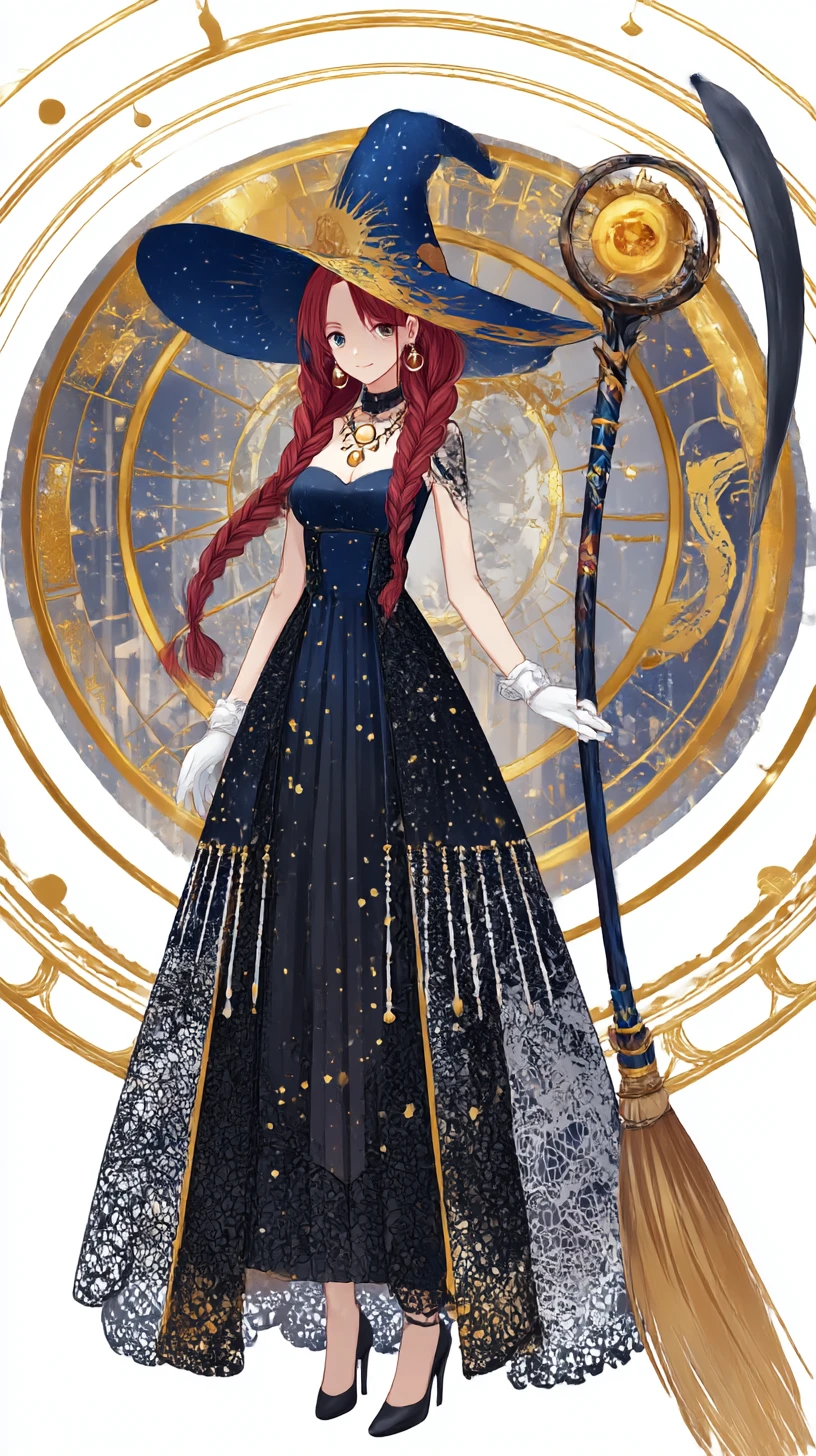 Chica bruja de anime pelirroja sosteniendo un báculo celestial