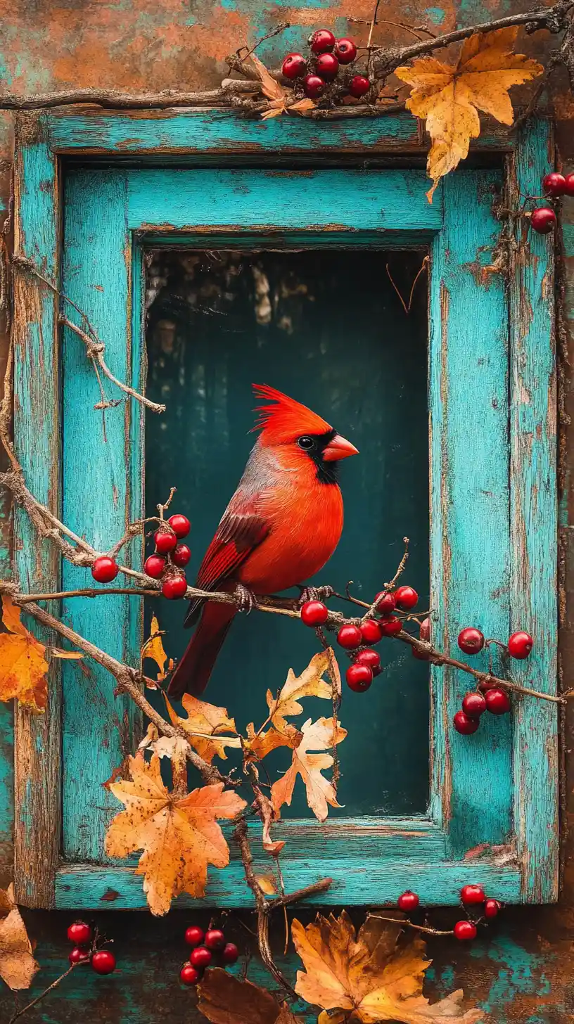Red bird on a branch beside an old turquoise window