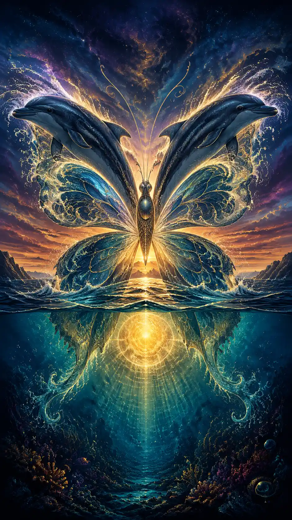 Surreal dolphin butterfly illusion above a twilight ocean