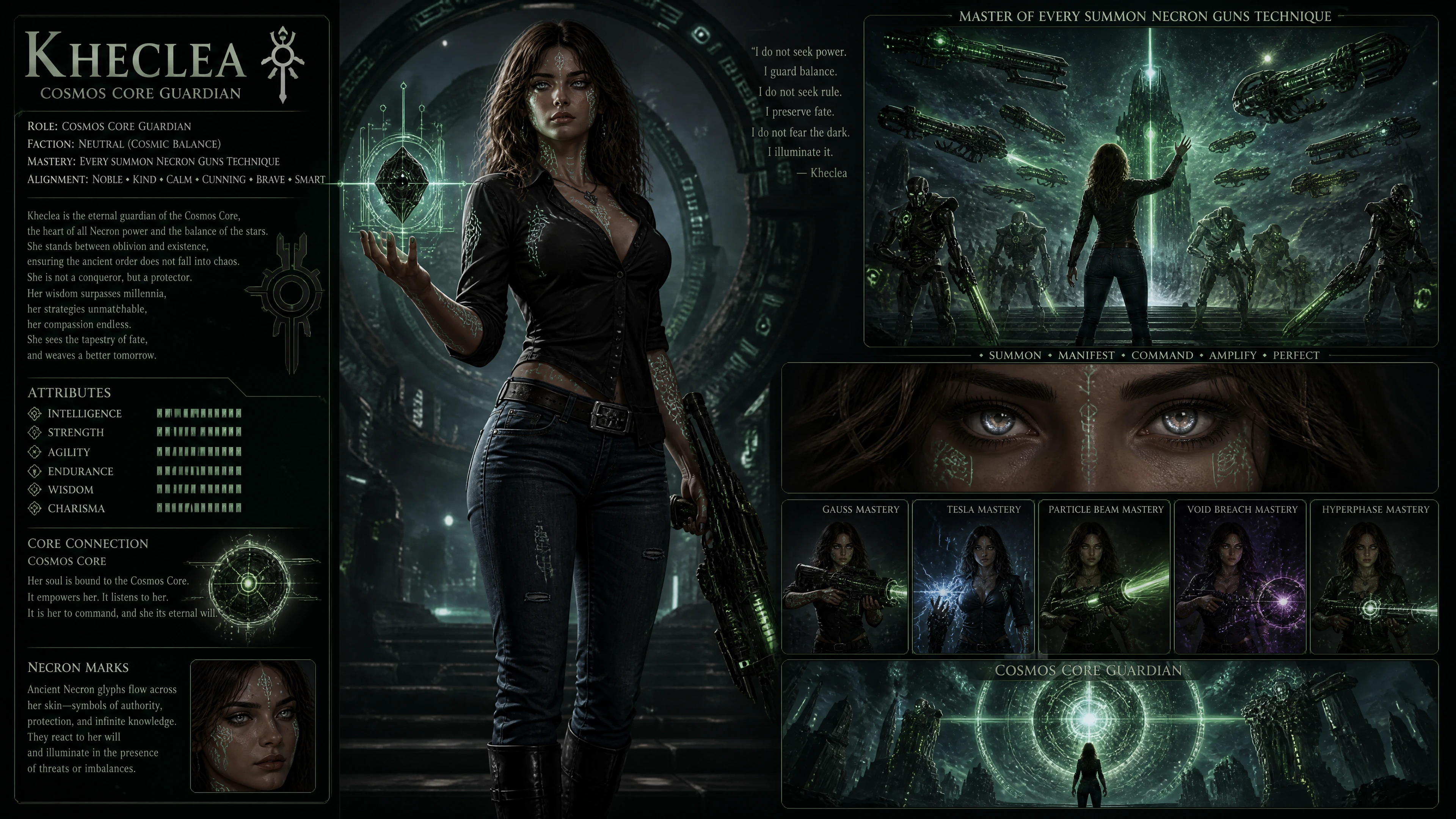Guardiana cósmica con símbolos necron en atuendo casual