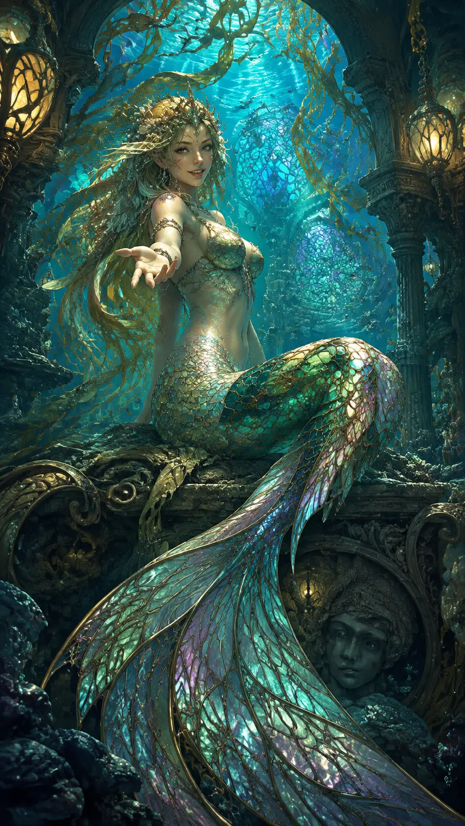 Sirena haciendo señas dentro de una gruta submarina luminosa