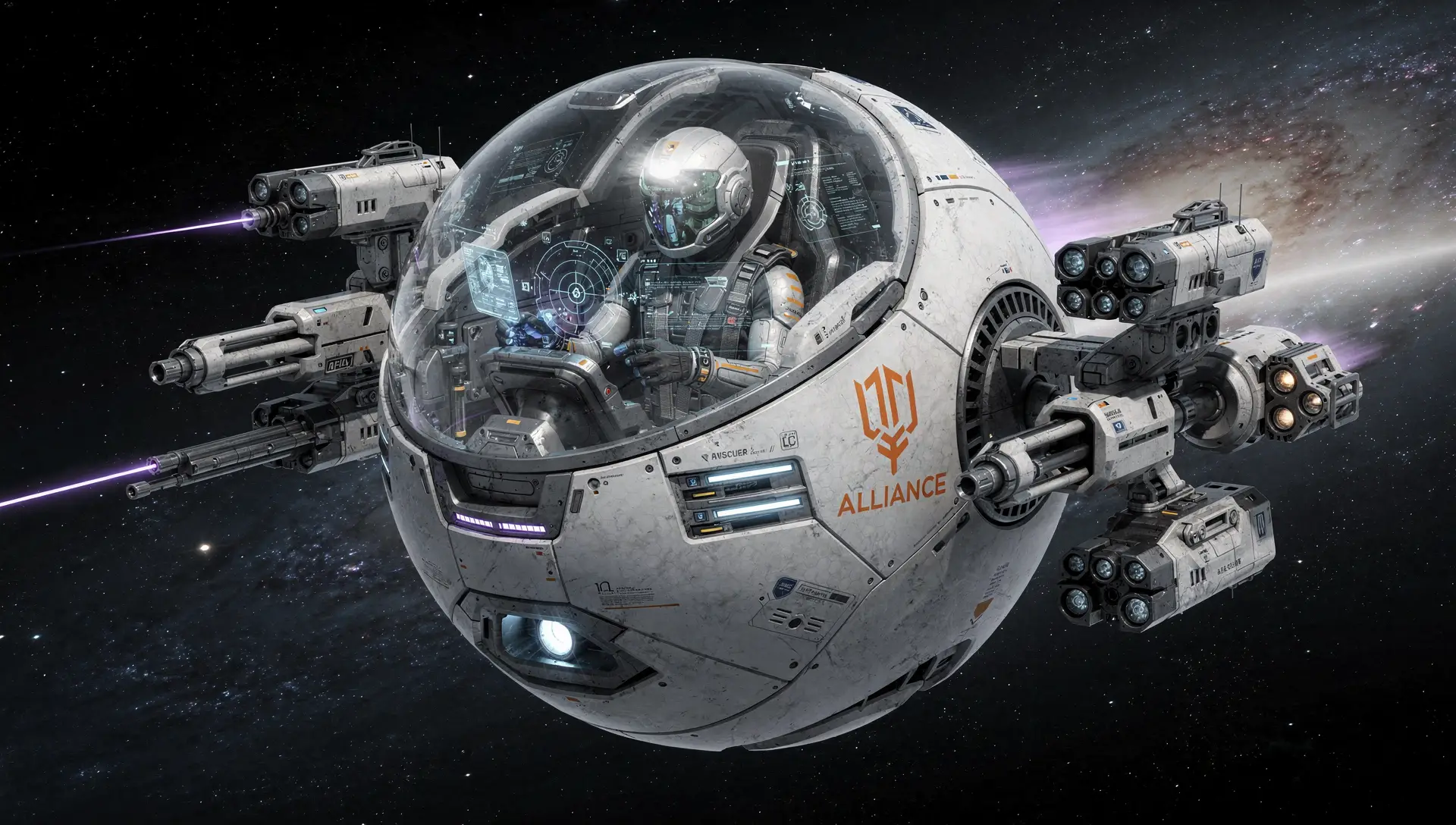 Chasseur spatial sphérique monoplace avec cockpit de pilote visible