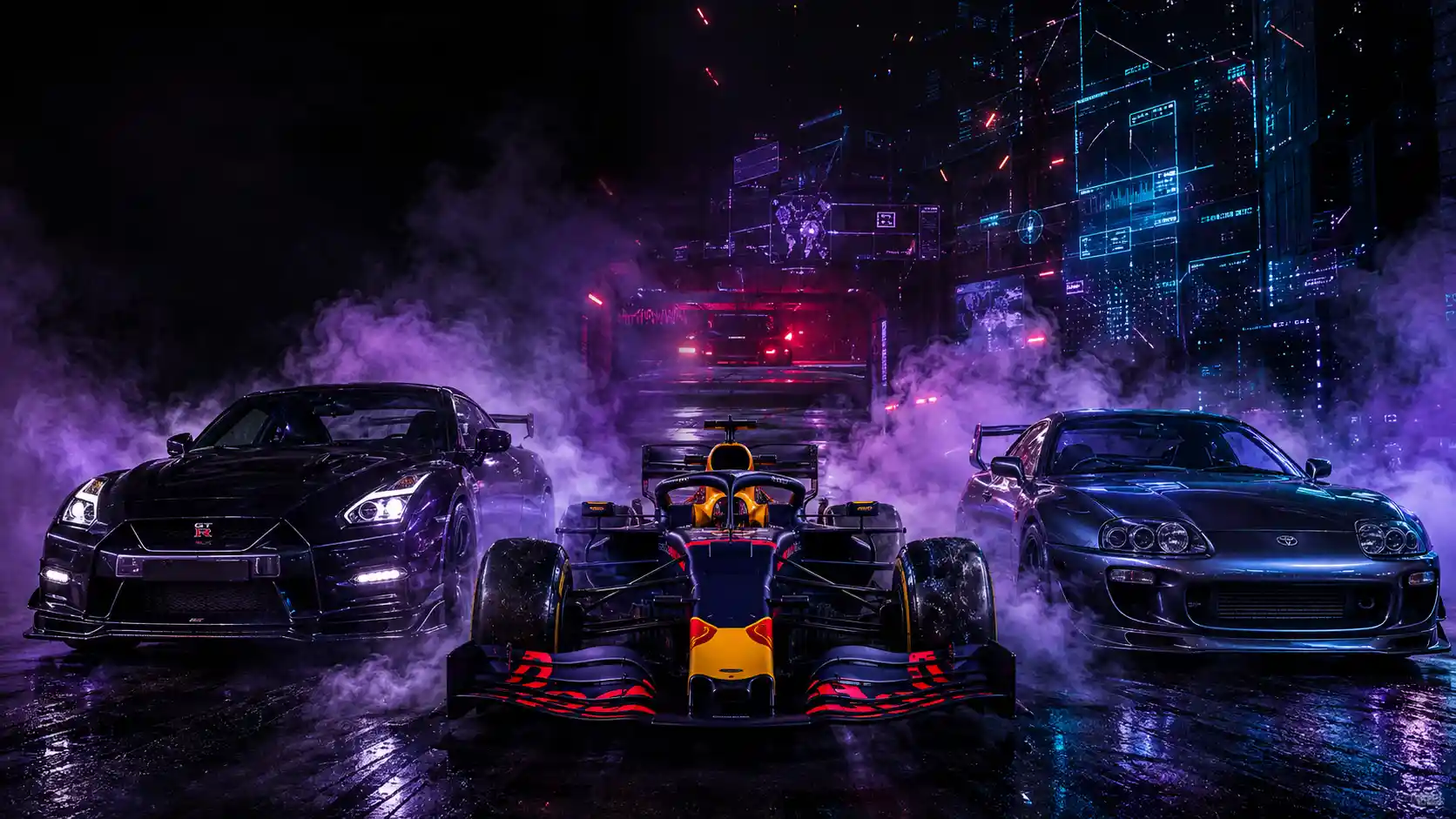Neon-Rennauto taucht aus dunklem Cyberpunk-Tunneldunst auf