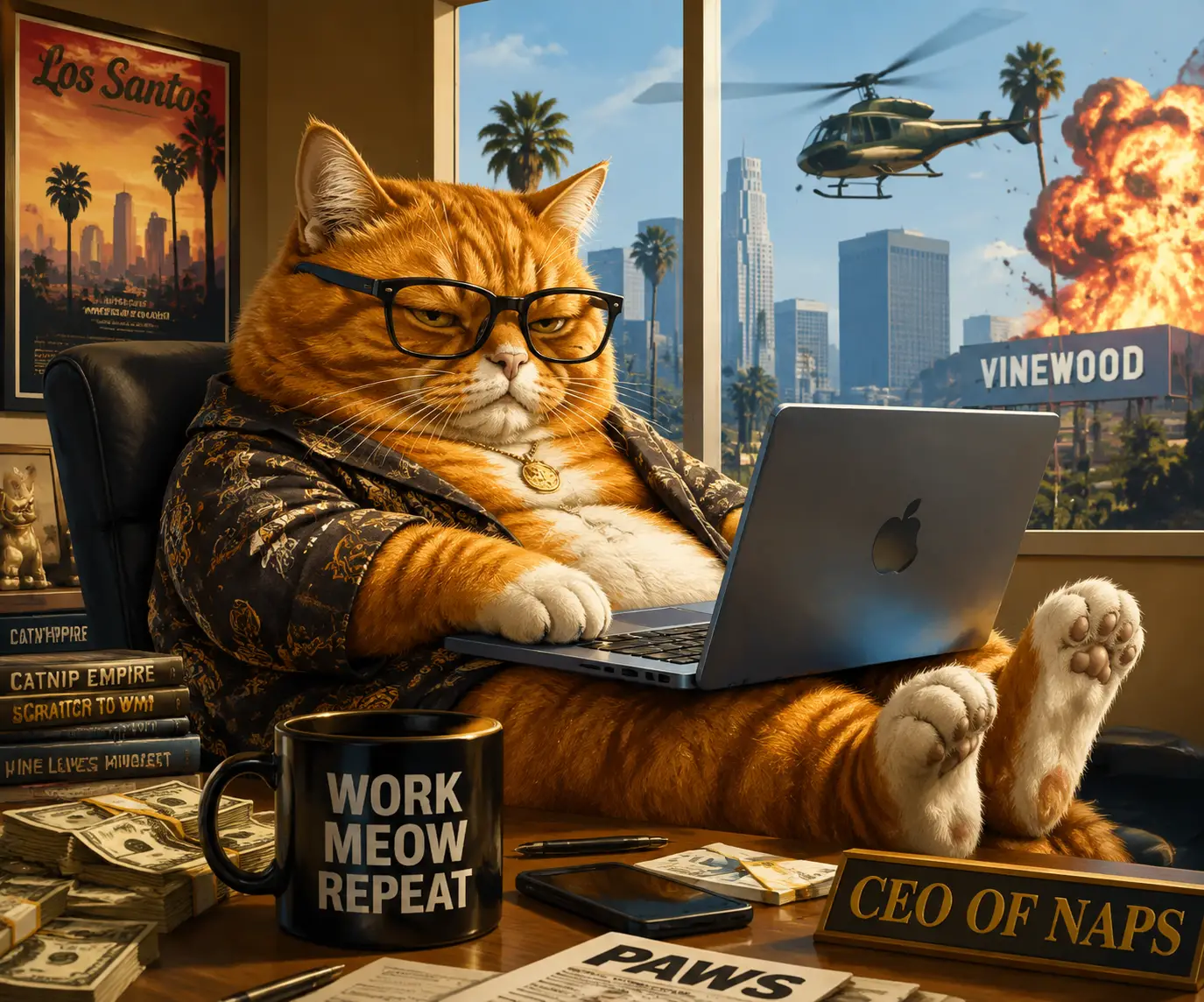 Orangene Katze im Homeoffice mit Laptop und Kaffee