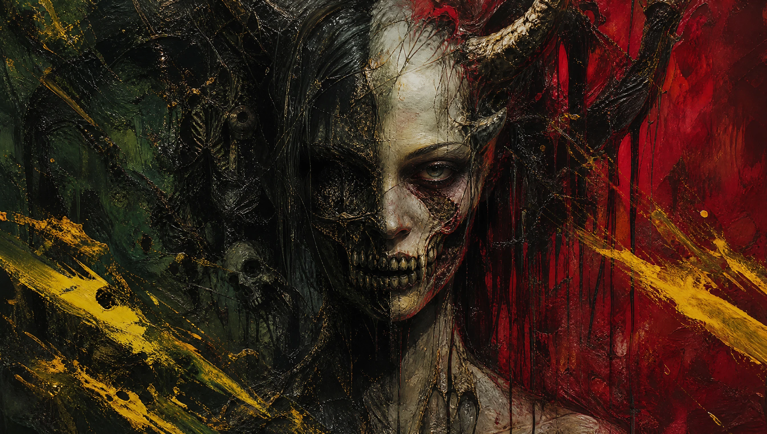 Grotesque demon face split by shadow and harsh light