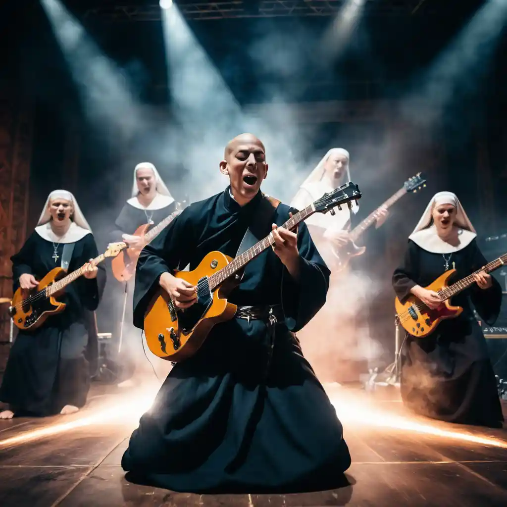 Monaco e suora che cantano con una band heavy metal sul palco