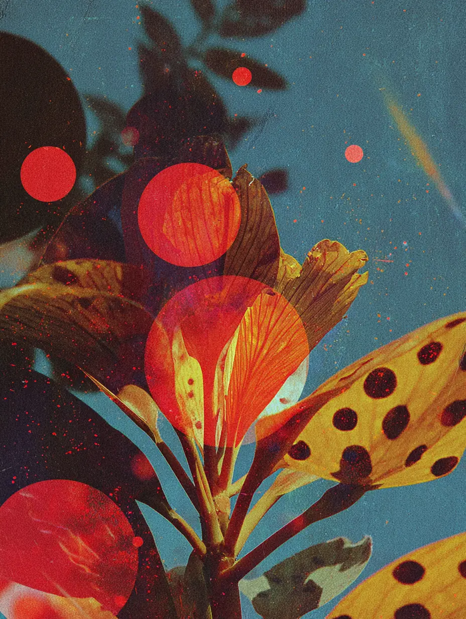 Universo surreal de puntos rojos en un collage vintage minimalista