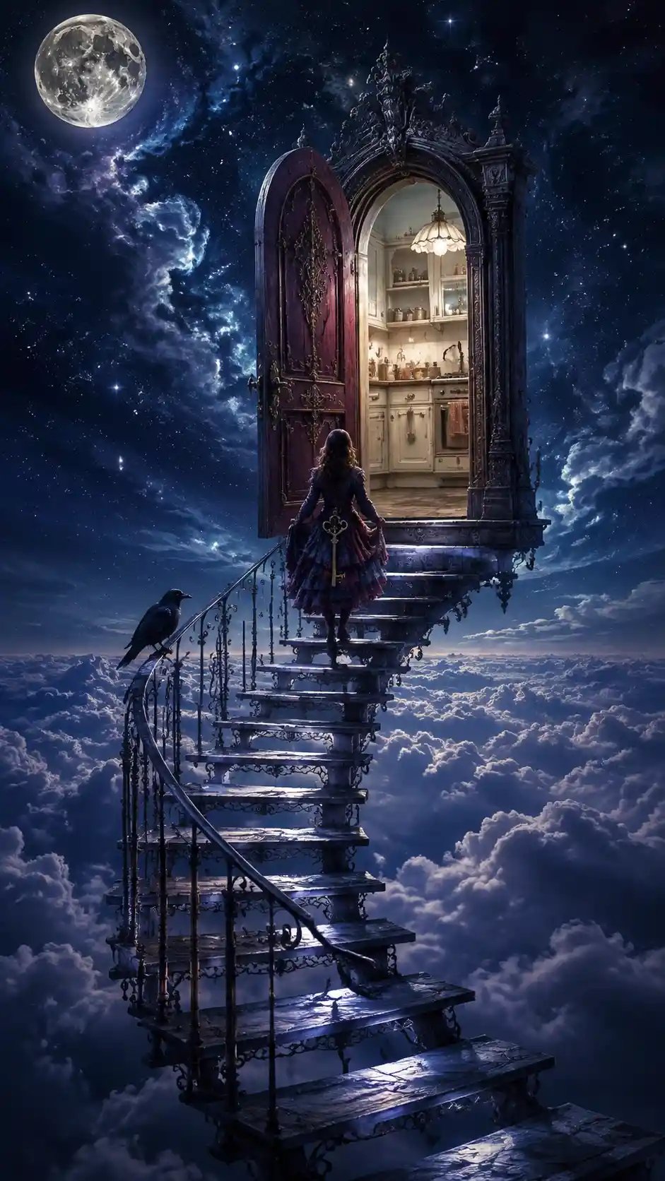 Frau auf schwebender Treppe, die eine einsame Tür am Himmel erreicht