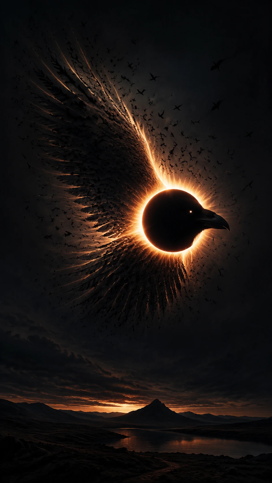 Eclipse solar total que forma la silueta de un cuervo gigante