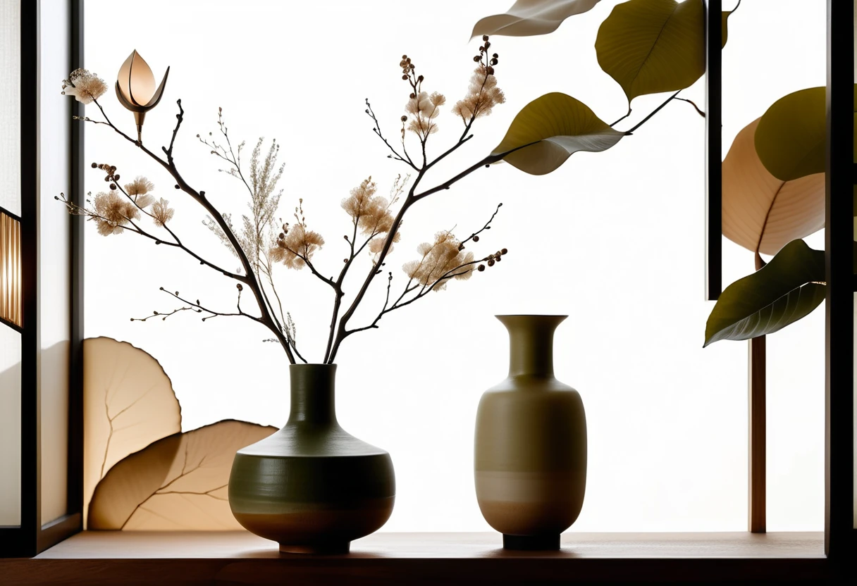 Serene Japandi interior with ceramics and soft natural light