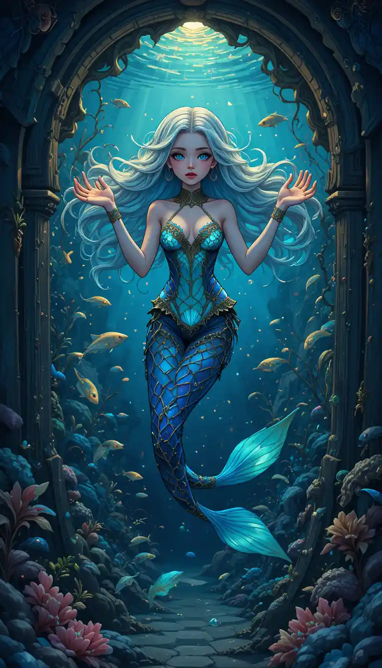 Sirena juguetona en una gruta subacuática art nouveau