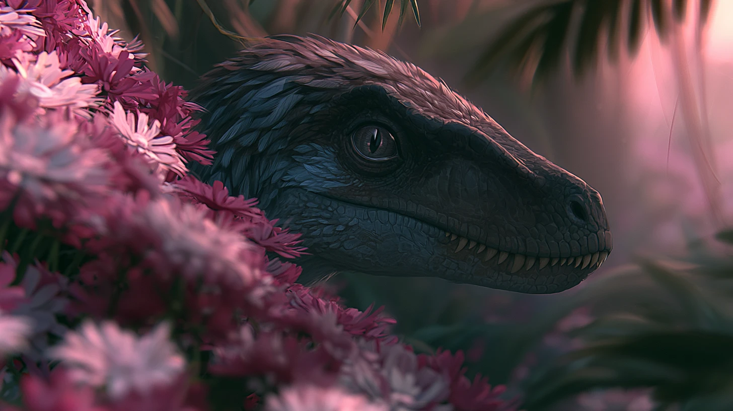 Feathered velociraptor camouflaged among jungle flowers at dusk