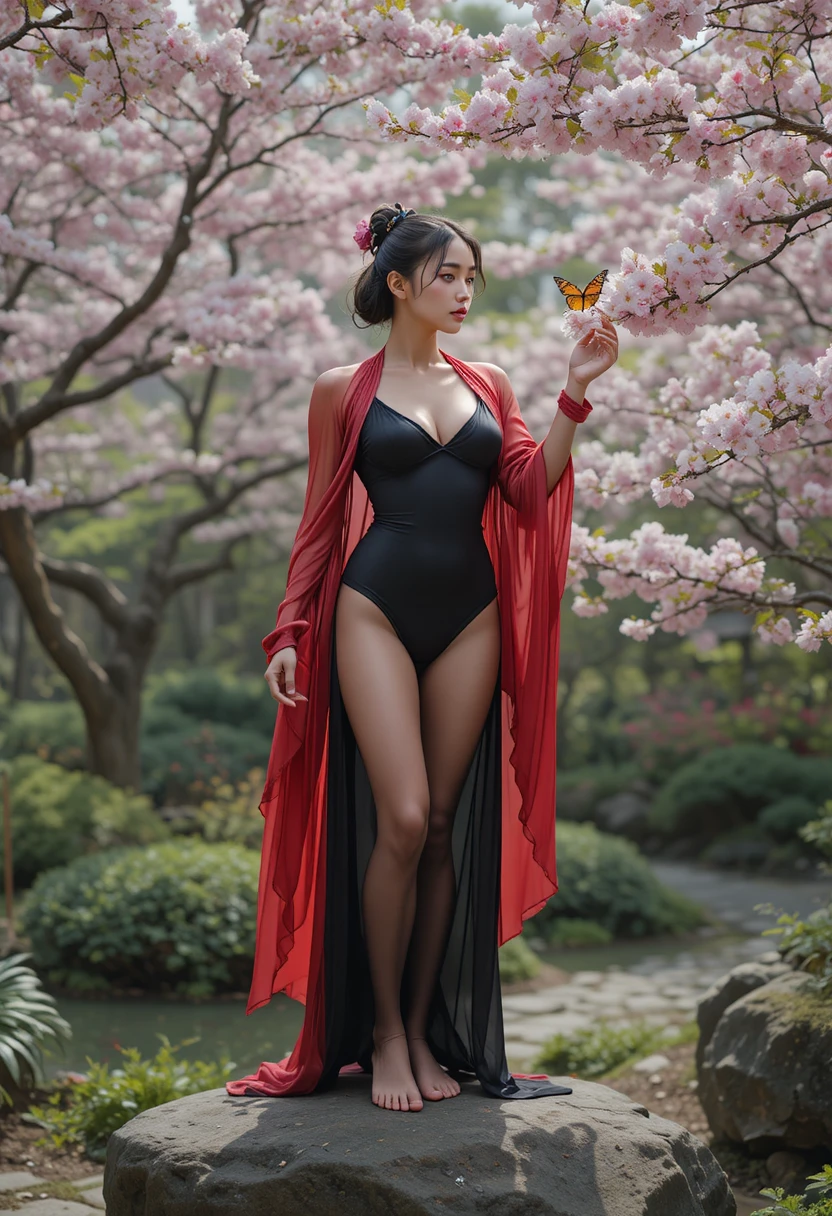 Mujer sobre una piedra en jardín japonés observando una mariposa