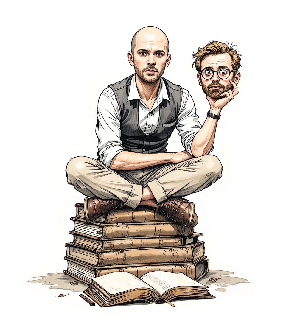 Hombre sin cabeza reflexionando sobre una pila de libros viejos