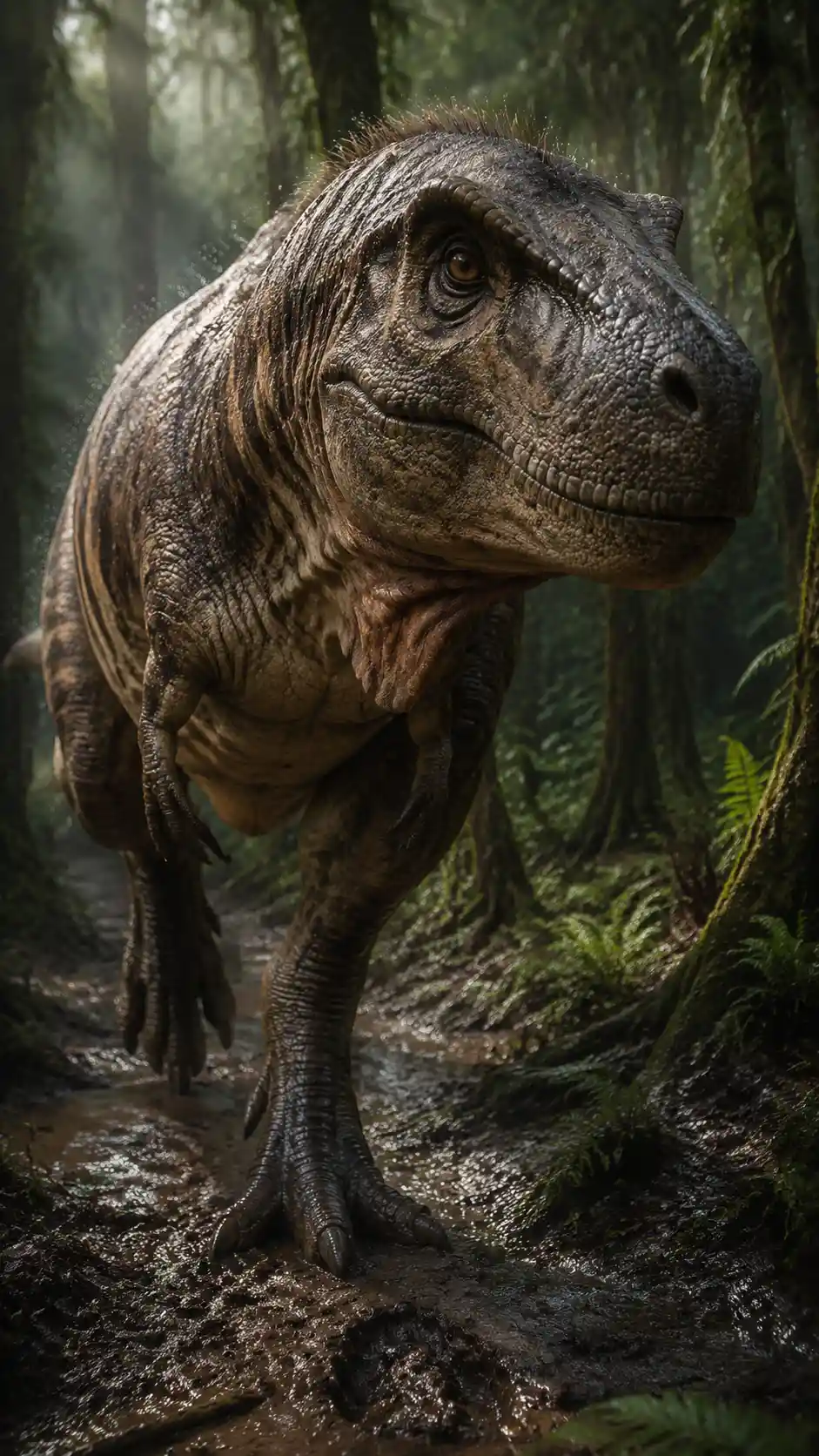 Tirannosauro rex realistico che cammina in una foresta umida