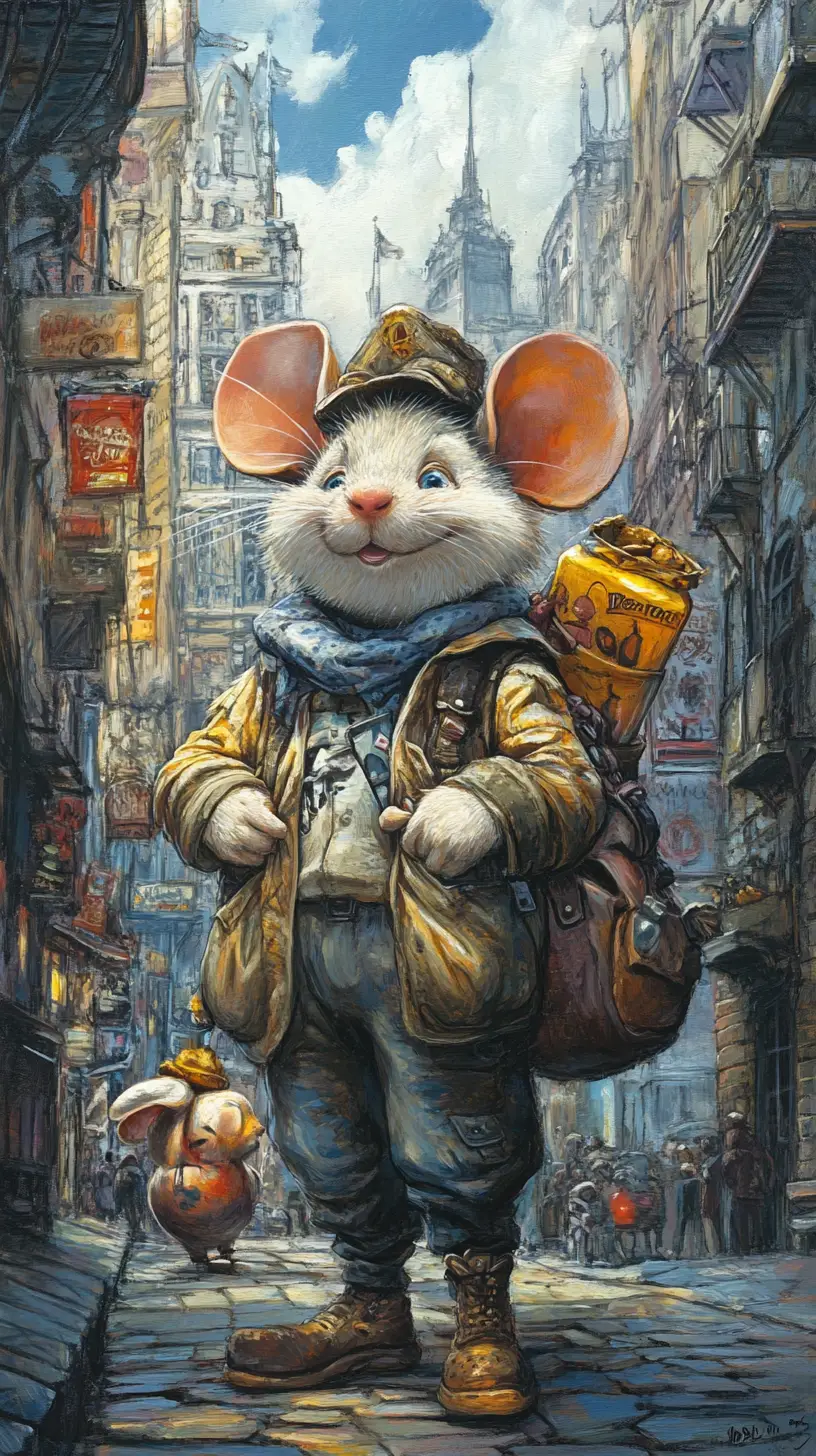 Cartoon mouse characters exploring a bright city street