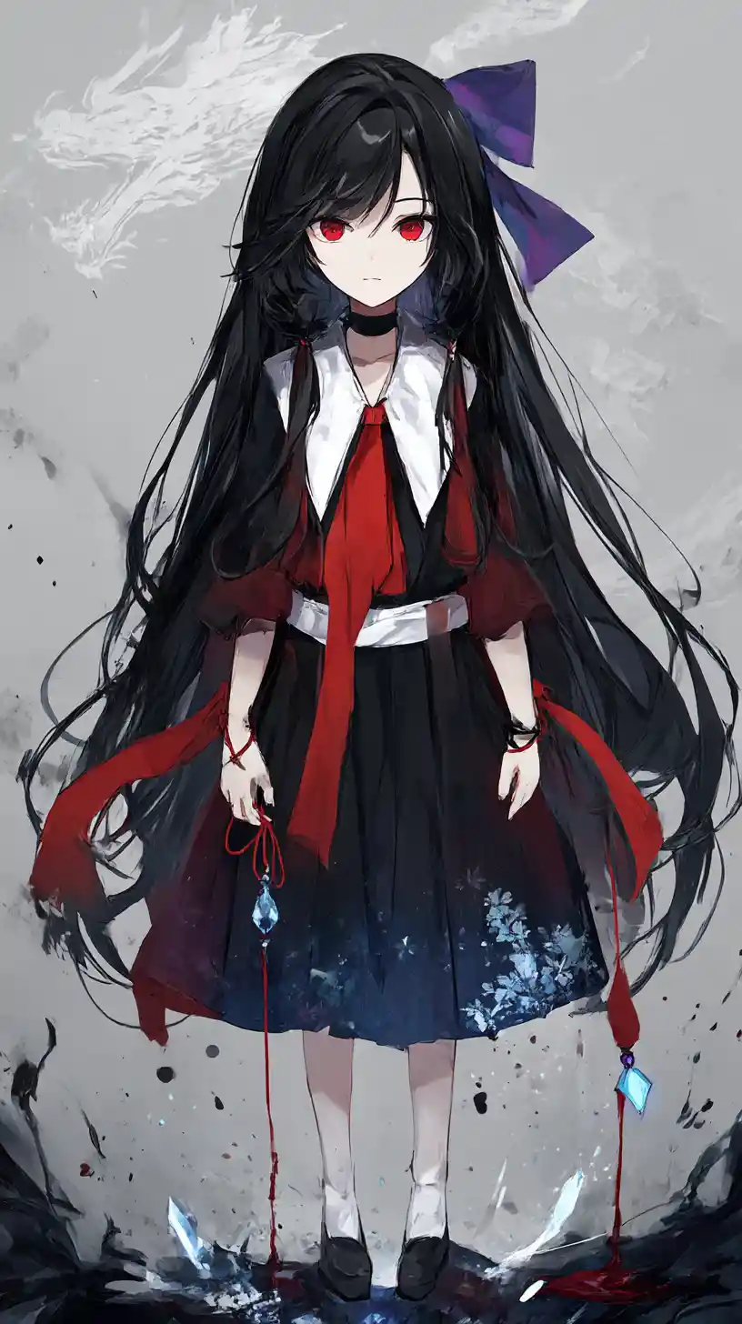 Chica de anime con largo cabello negro y tristes ojos rojos