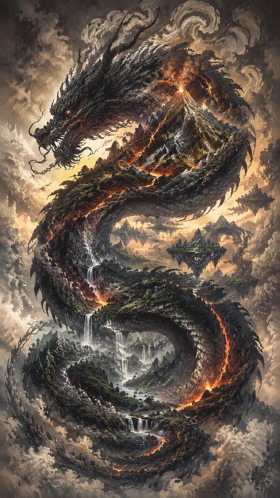 Serpentine dragon silhouette containing a volcanic fantasy world