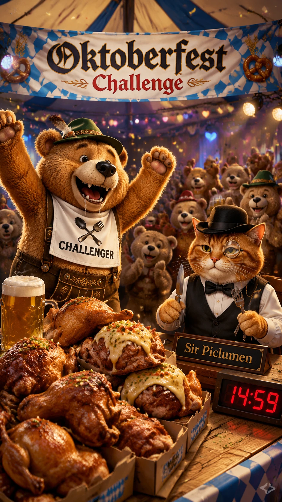 Reto del oso de peluche y gata jueza en divertida mesa de Oktoberfest