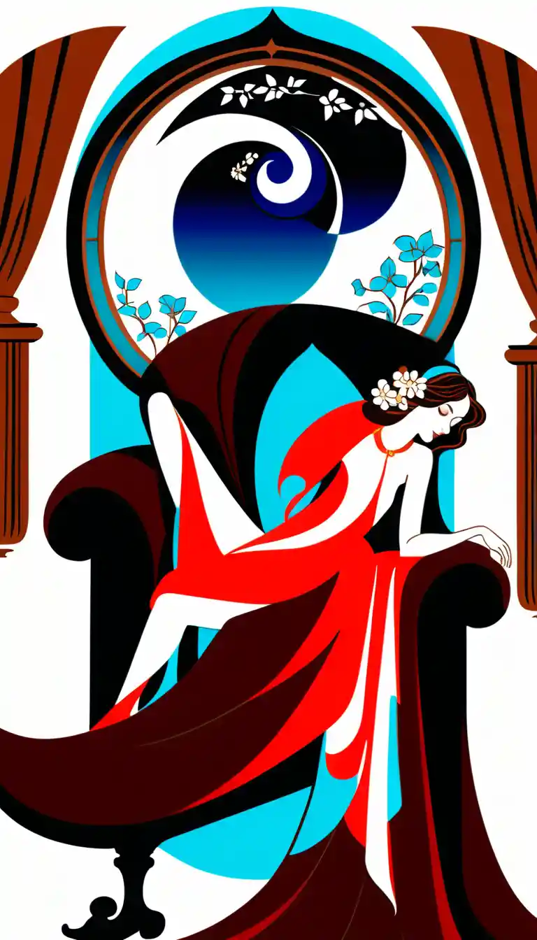 Mujer elegante descansando en una chaise longue art nouveau ornamentada