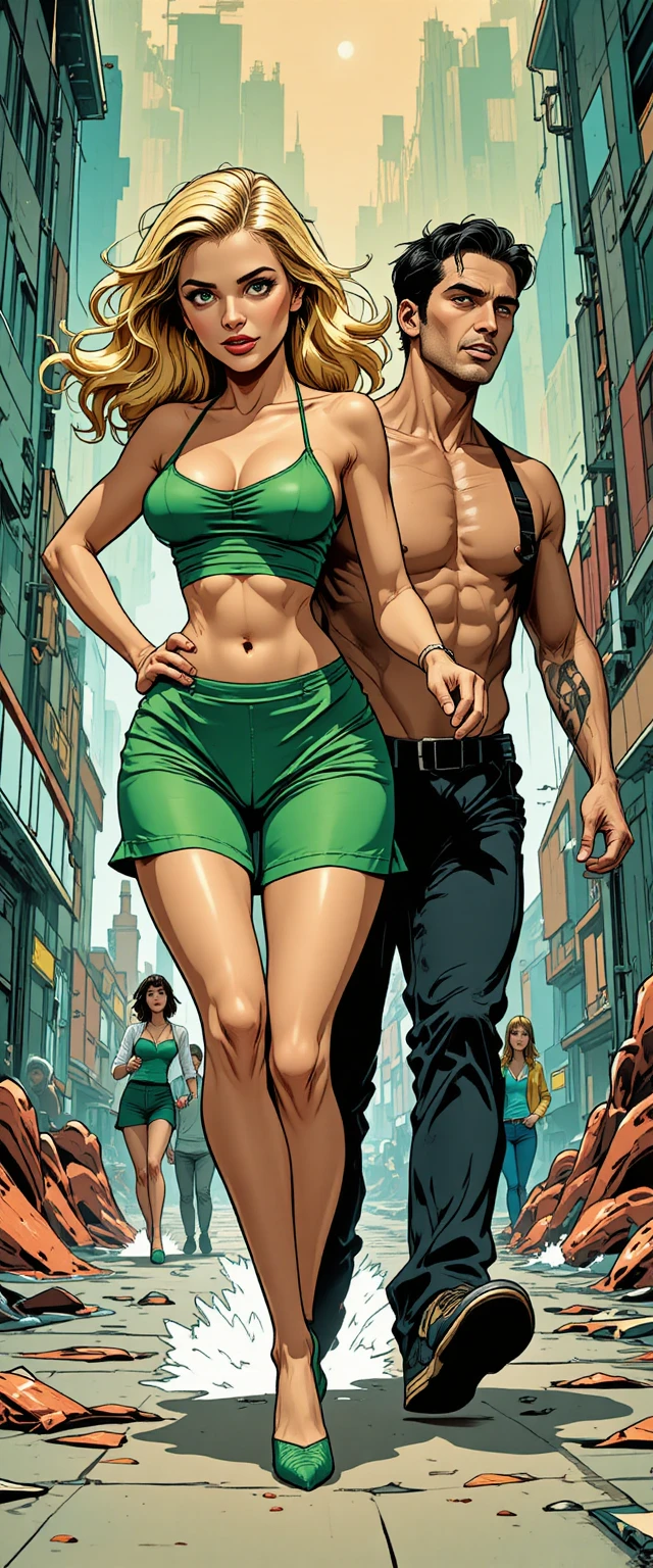 Coppia a fumetti in fuga dal pericolo con espressioni ansiose e esagerate