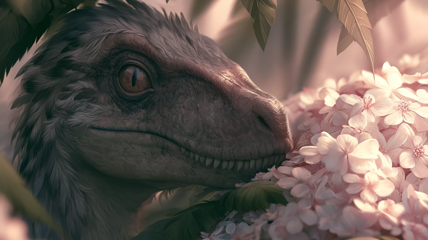 Feathered velociraptor camouflaged among jungle flowers