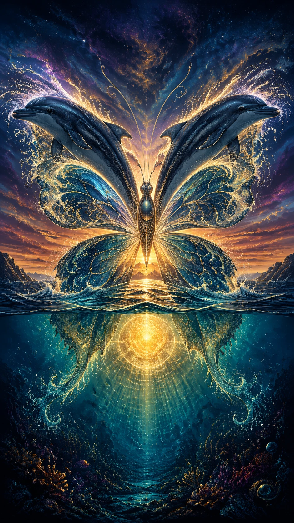 Surreal dolphin butterfly illusion above a twilight ocean