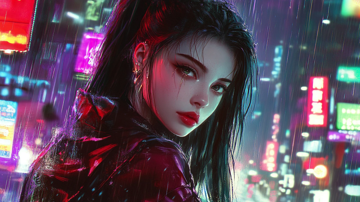 Beautiful woman in a neon cyberpunk city at night