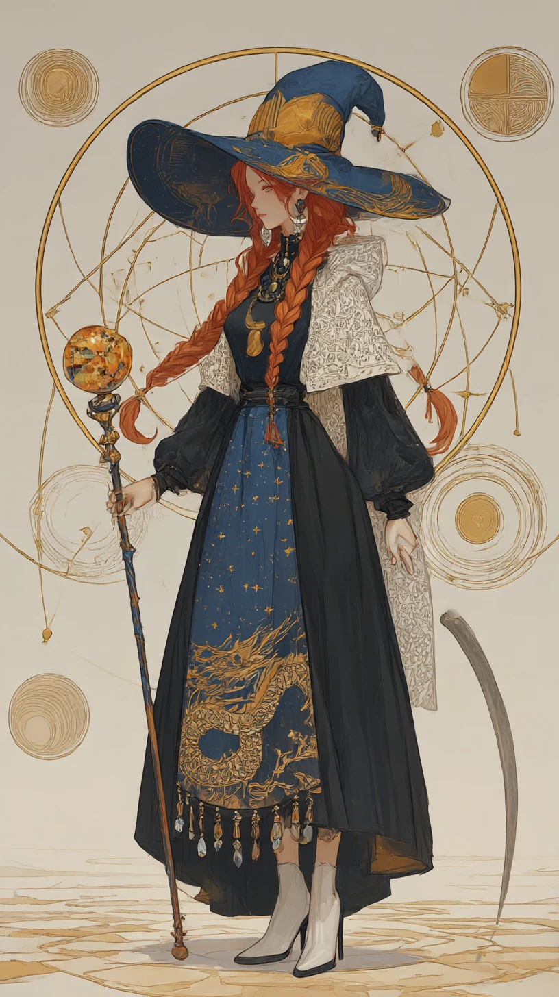 Chica bruja pelirroja con bastón celestial y túnicas ornamentadas