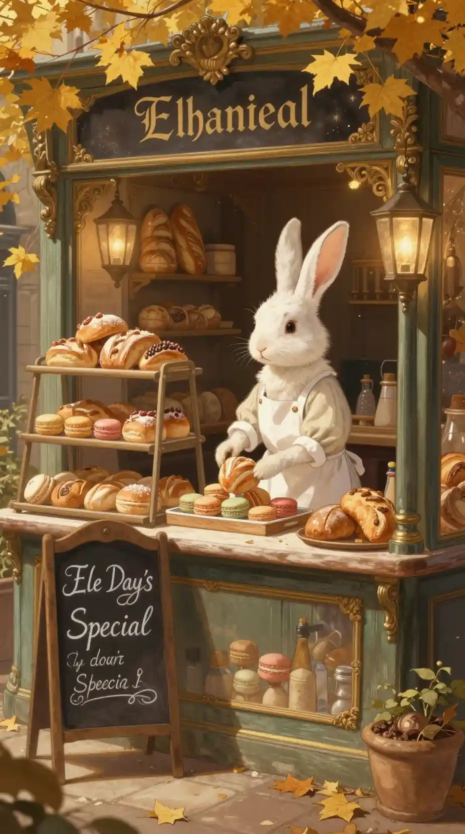 Whimsical Rabbit Baker In A Cozy Parisian Autumn Bakery