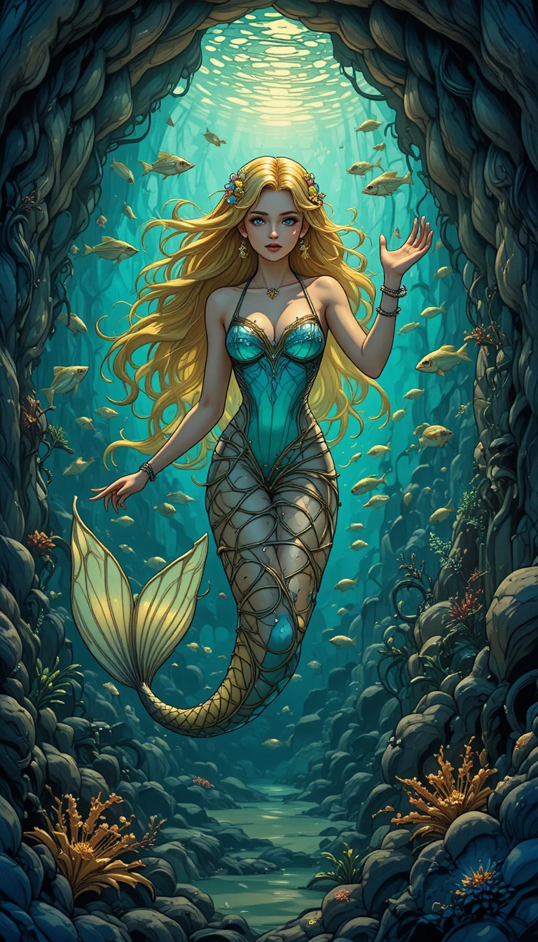 Sirena juguetona en una gruta submarina ornamentada con peces
