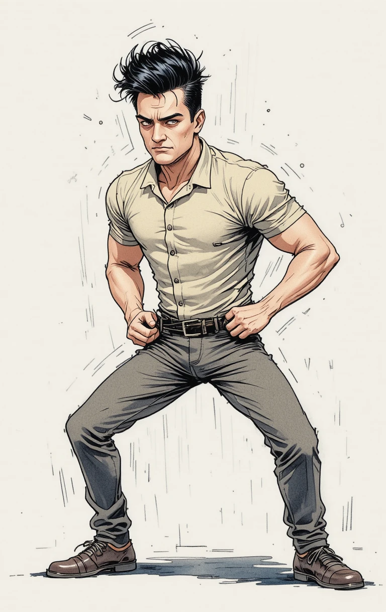 Hombre de dibujo retro esforzándose por subir sus pantalones ajustados