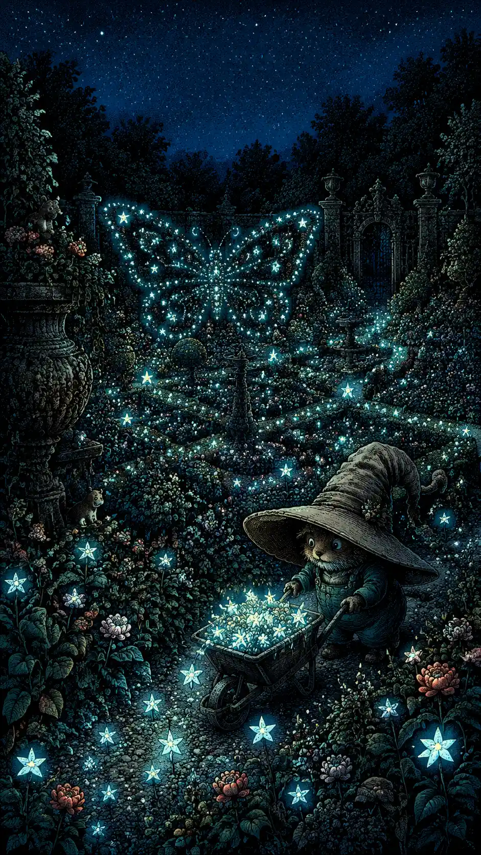 Tiny fantasy gardener in an overgrown star filled garden
